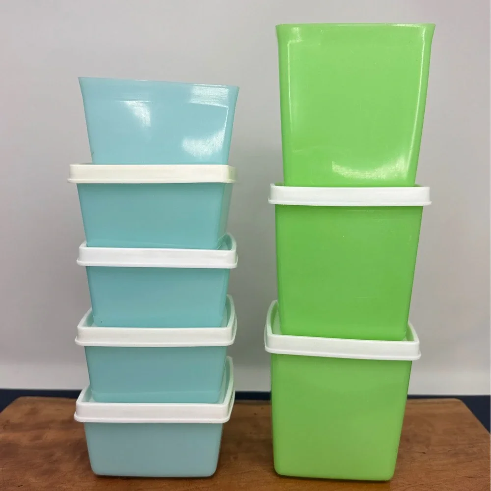 Vintage Rubbermaid Party Plan 8pc Set 5 Aqua Blue Pint 3 Lime Green Quart 6 Lids